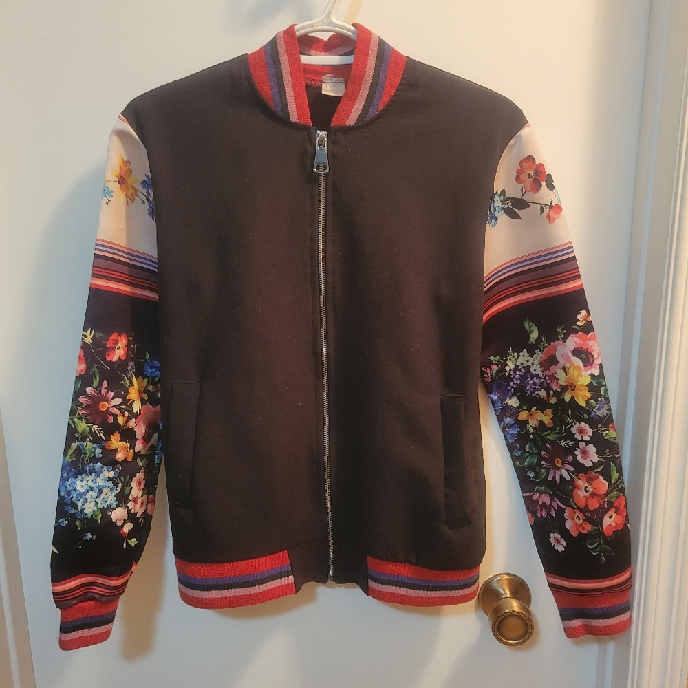 Twik jacket - black with floral sleeves and striped cuff/collar